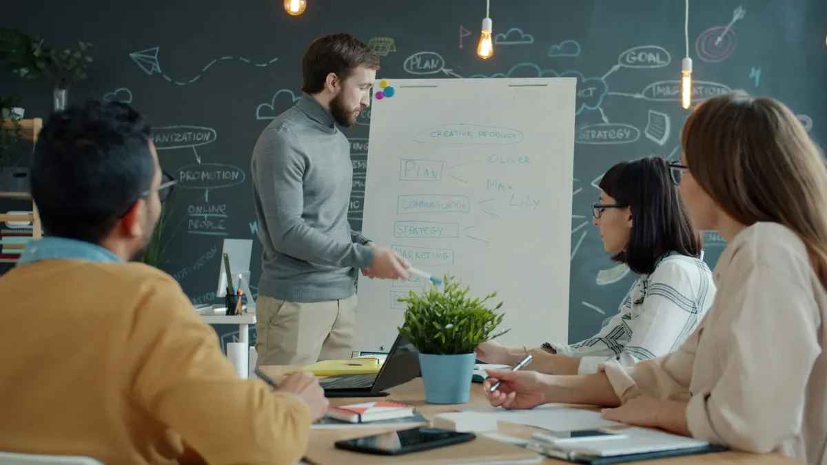 Team collaborating around a whiteboard