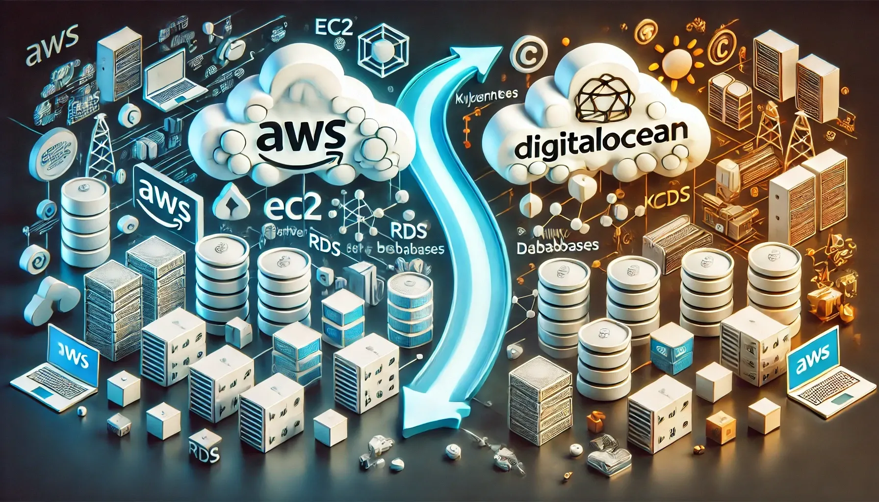 Illustration of a cloud migration: an arrow curving from an AWS cloud to a DigitalOcean cloud, surrounded by stylised servers and databases