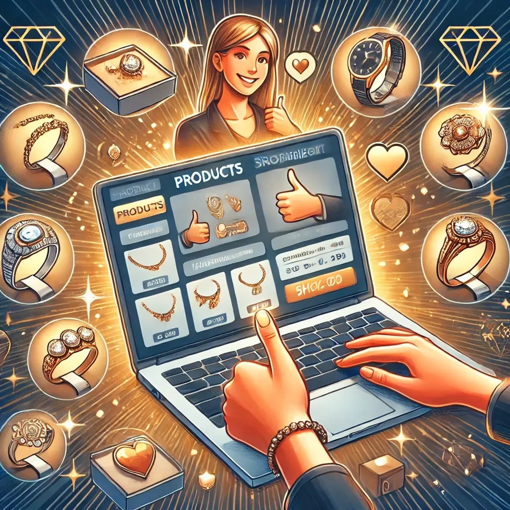 Illustration of a jewellery e-shop: hands browsing a product grid on a laptop, ringed by images of gold rings, watches and necklaces